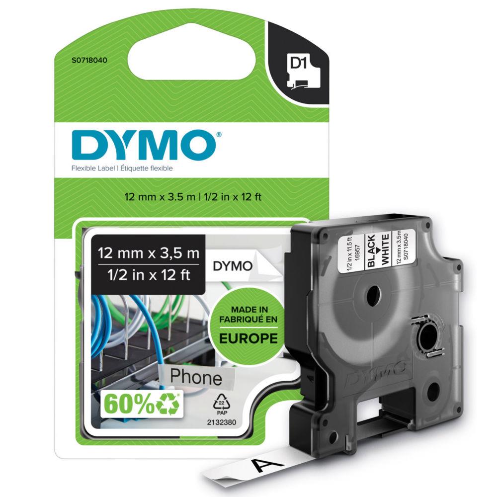 Ruban nylon Dymo D1 S0718040 pour tiqueteuse - 12 mm x 3,5 m - Noir sur Blanc