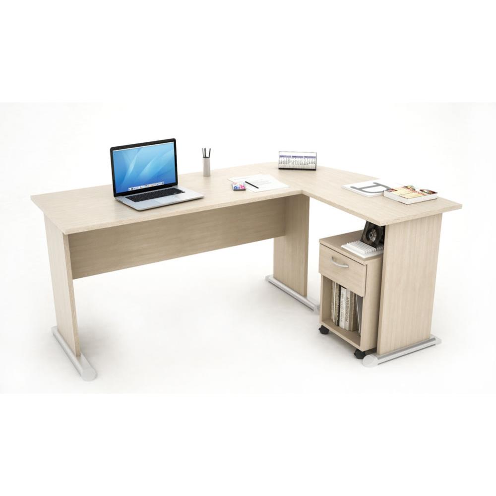 Ensemble 1 bureau - un retour  droite - pieds L chne -  L 170 x P120 x H 72 cm  - 1 caisson mobile - 1 tiroir - H 53 cm - Pack Woody