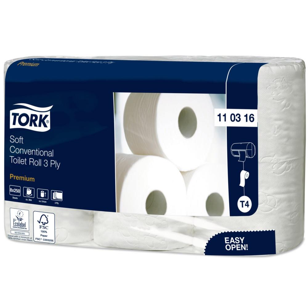 Papier toilette Tork triple �paisseur T4 Premium extra-doux blanc - 110316 - Lot de 8 rouleaux de 250 feuilles