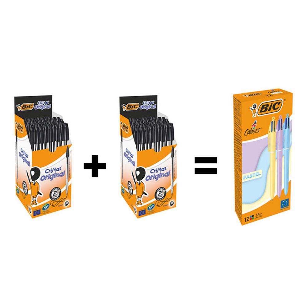 Pack 100 Cristal BIC Original Stylo bille Noir + 12 BIC 4 Couleurs r�tractables corps pastel