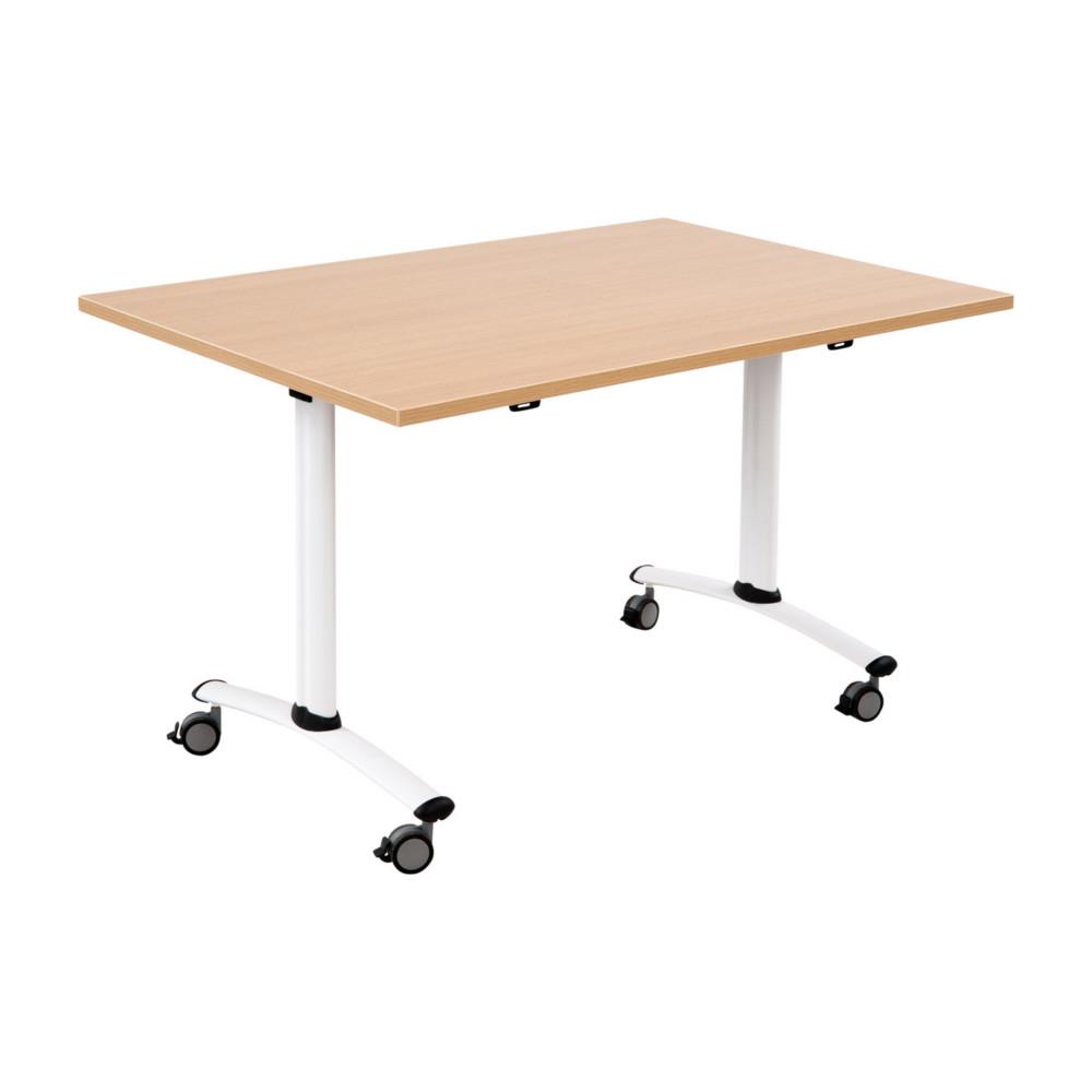 Table mobile � plateau basculant - L 120 x P 80 cm - Plateau Ch�ne- pieds m�tal Blanc