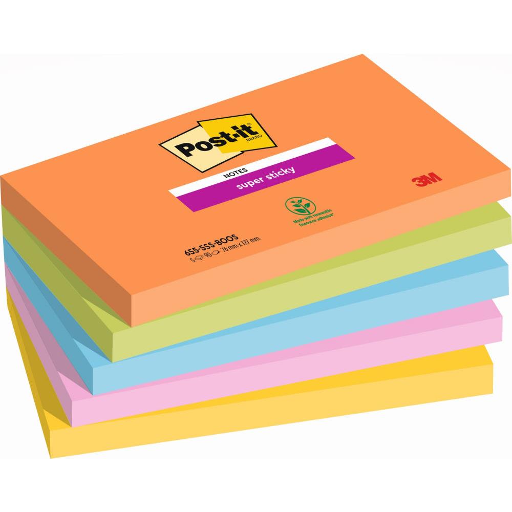 Notes repositionnables Post-it Boost 76 x 127 mm coloris assorties - 5 blocs de 90 feuilles