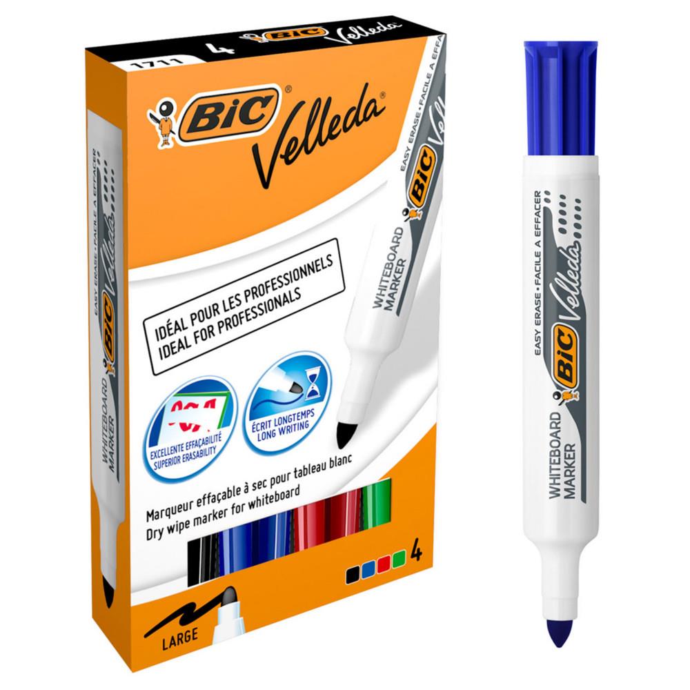 Pochette de 4 marqueurs effaables  sec Bic Velleda 1711 - pointe ogive - coloris assortis