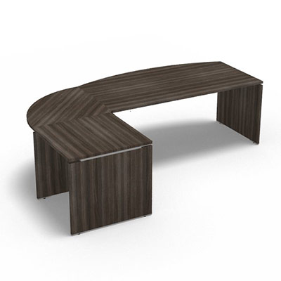 Ensemble Moka compos� d'une table de bureau arqu�e Moka L. 180 x P. 80 cm d�cor ch�ne royal brun, d'un angle 90� et d'une table retour L. 80 x P. 80 cm