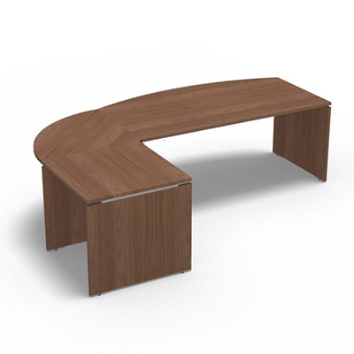 Ensemble Moka compos� d'une table de bureau arqu�e Moka L. 180 x P. 80 cm d�cor noyer ambr�, d'un angle 90� et d'une table retour L. 80 x P. 80 cm