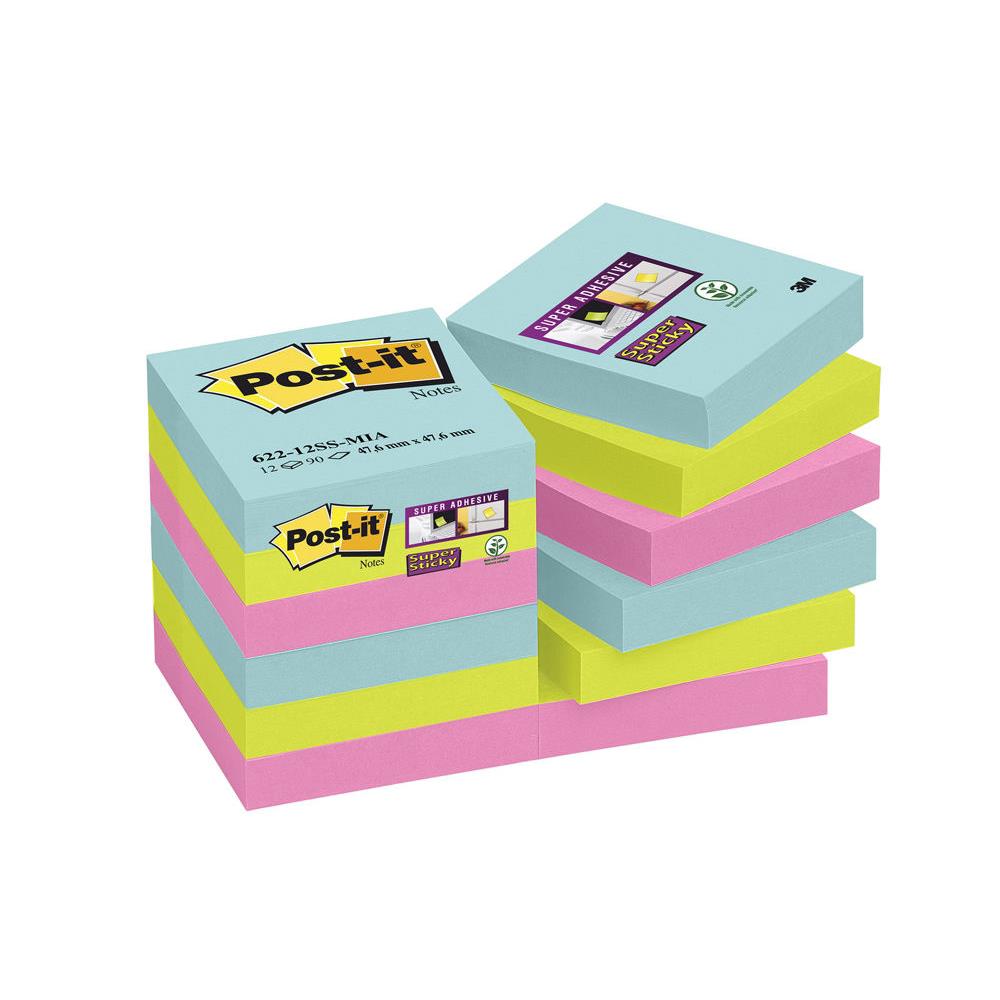 Post-It Super Sticky collection Miami - 47,6 x 47,6 mm de 90 feuilles - lot de 12