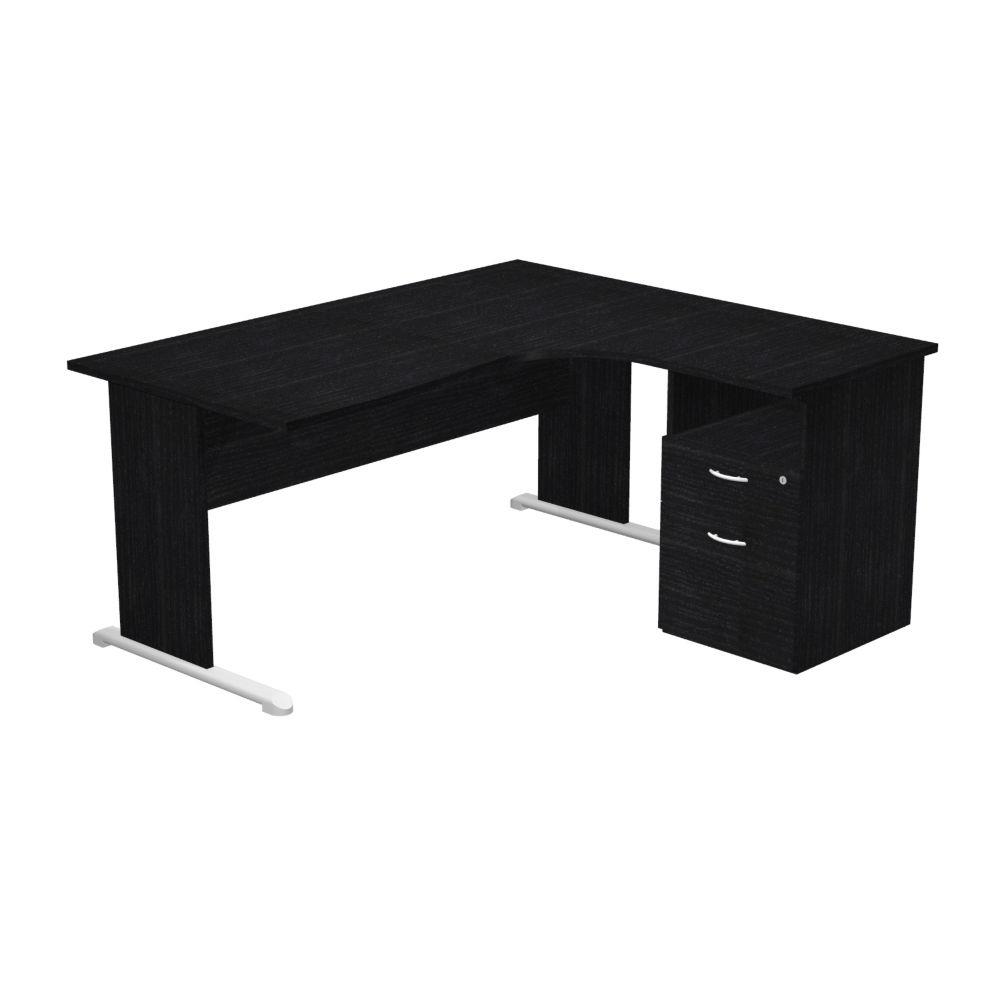 Pack Pulse - 1 bureau compact retour � droite noir pieds noirs  - 1 caisson hauteur bureau prof. 60 cm