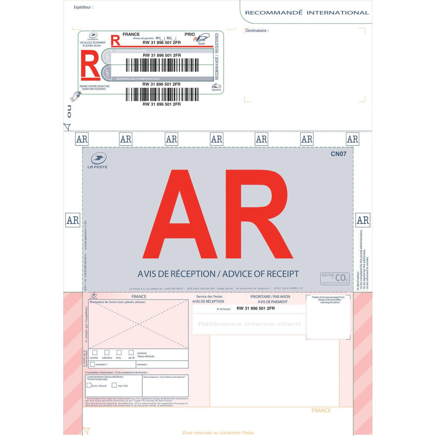 Boite de 250 imprims recommands avec AR international A4 IB1 3263 dition imprimantes