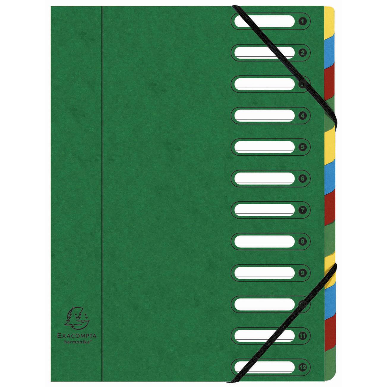 Trieur  lastique Exacompta Nature Future Harmonika Multipart A4 avec dos extensible  soufflets et fentres prdcoupes - 600 feuilles - 12 compartiments - 240 x 320 mm - carte lustre - vert