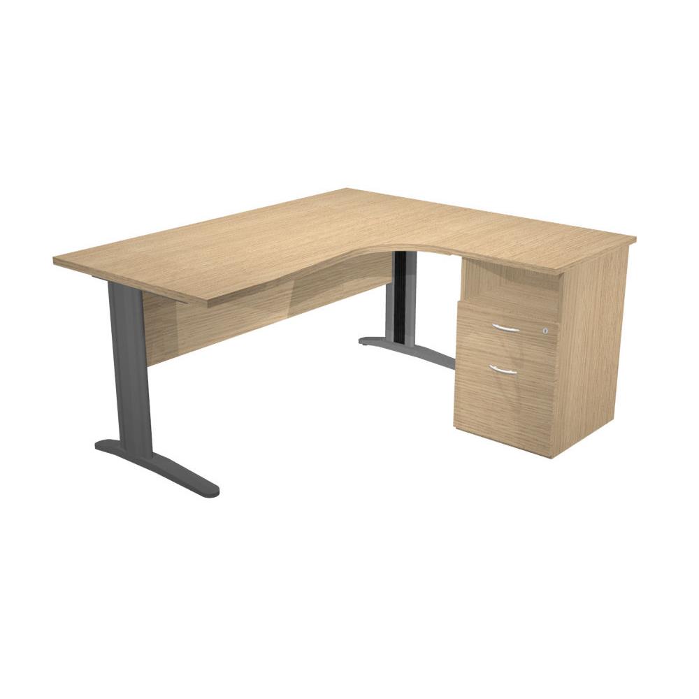 Pack Pulse m�tal - 1 bureau compact retour � droite ch�ne - pieds L anthracite - 1 caisson hauteur bureau prof. 60 cm