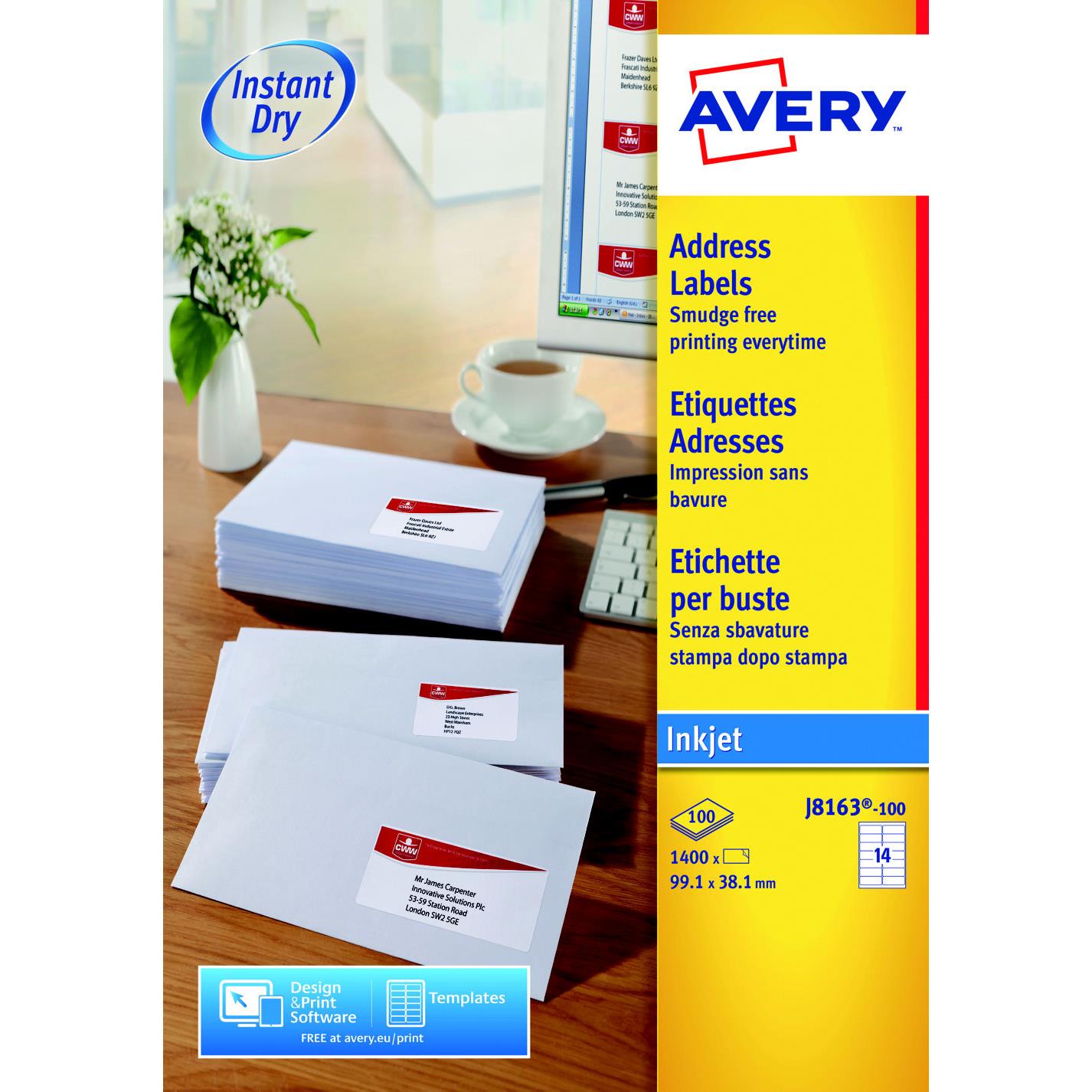 Etiquettes Avery J8163 - impression jet d'encre - blanc - 99,1 x 38,1 mm - bote de 1400