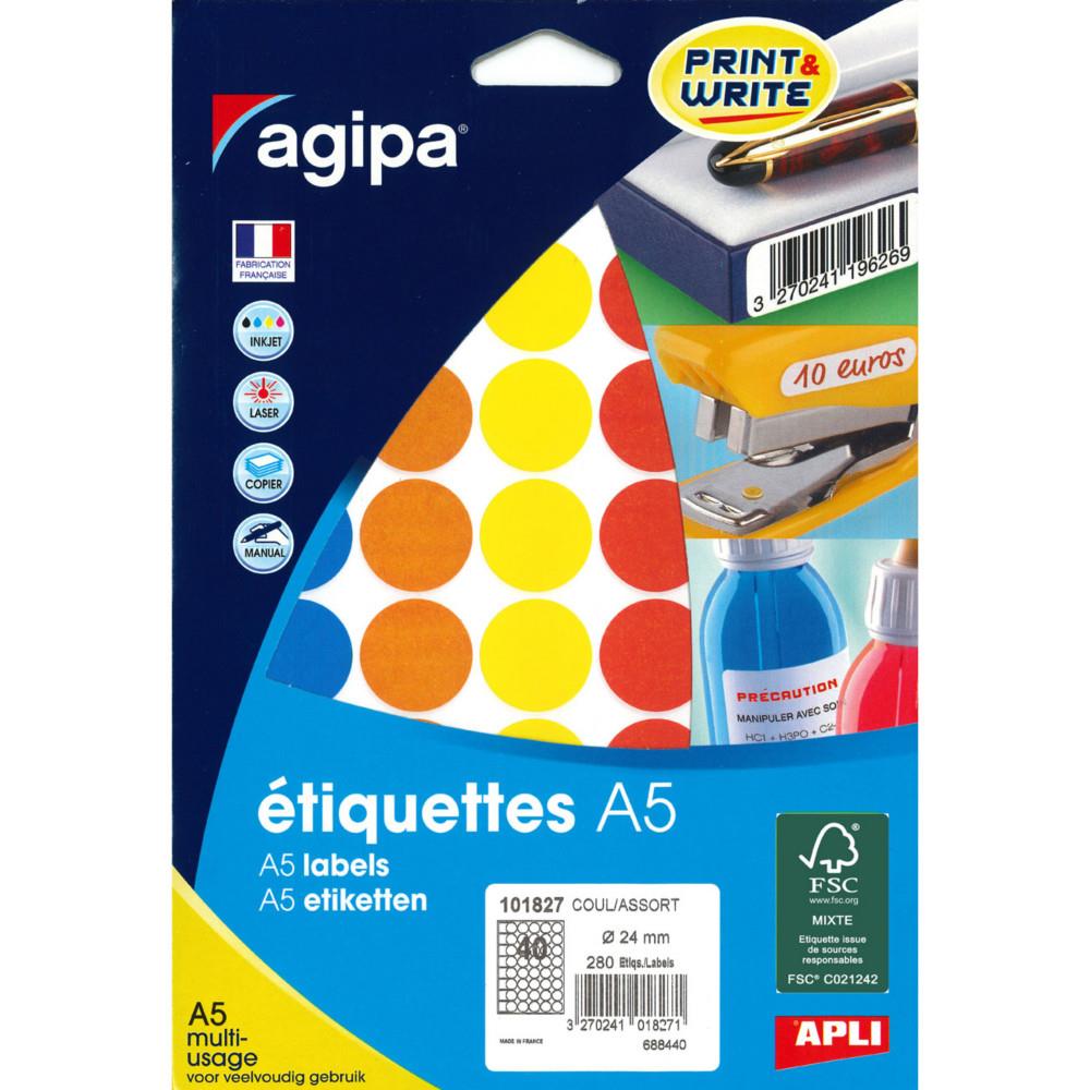 Pastilles adh�sives Agipa rondes o 24 mm - 101827 - A5 - Pochette de 7 feuilles de 40 - 280 �tiquettes - Assorties
