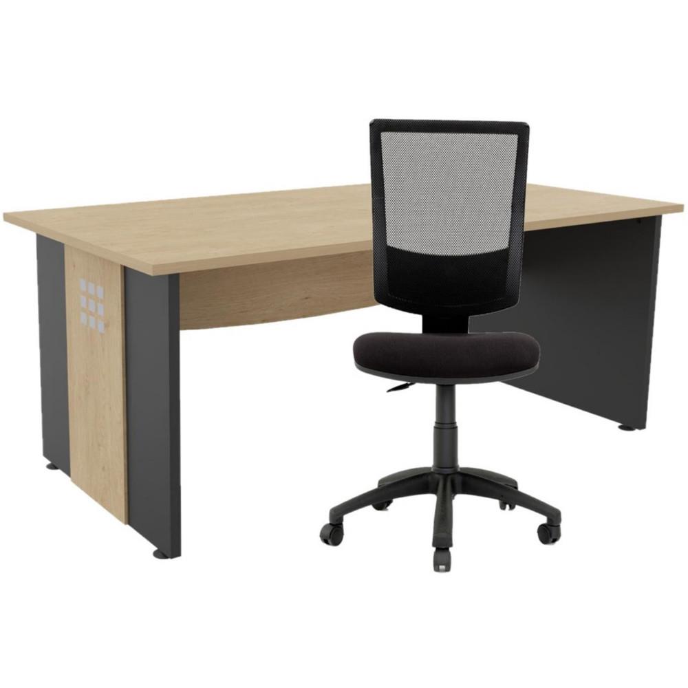 Pack Boreal : 1 bureau L 140 cm plateau Ch�ne Pieds pleins Anthracite + 1 si�ge Jenny maille,tissu Noir