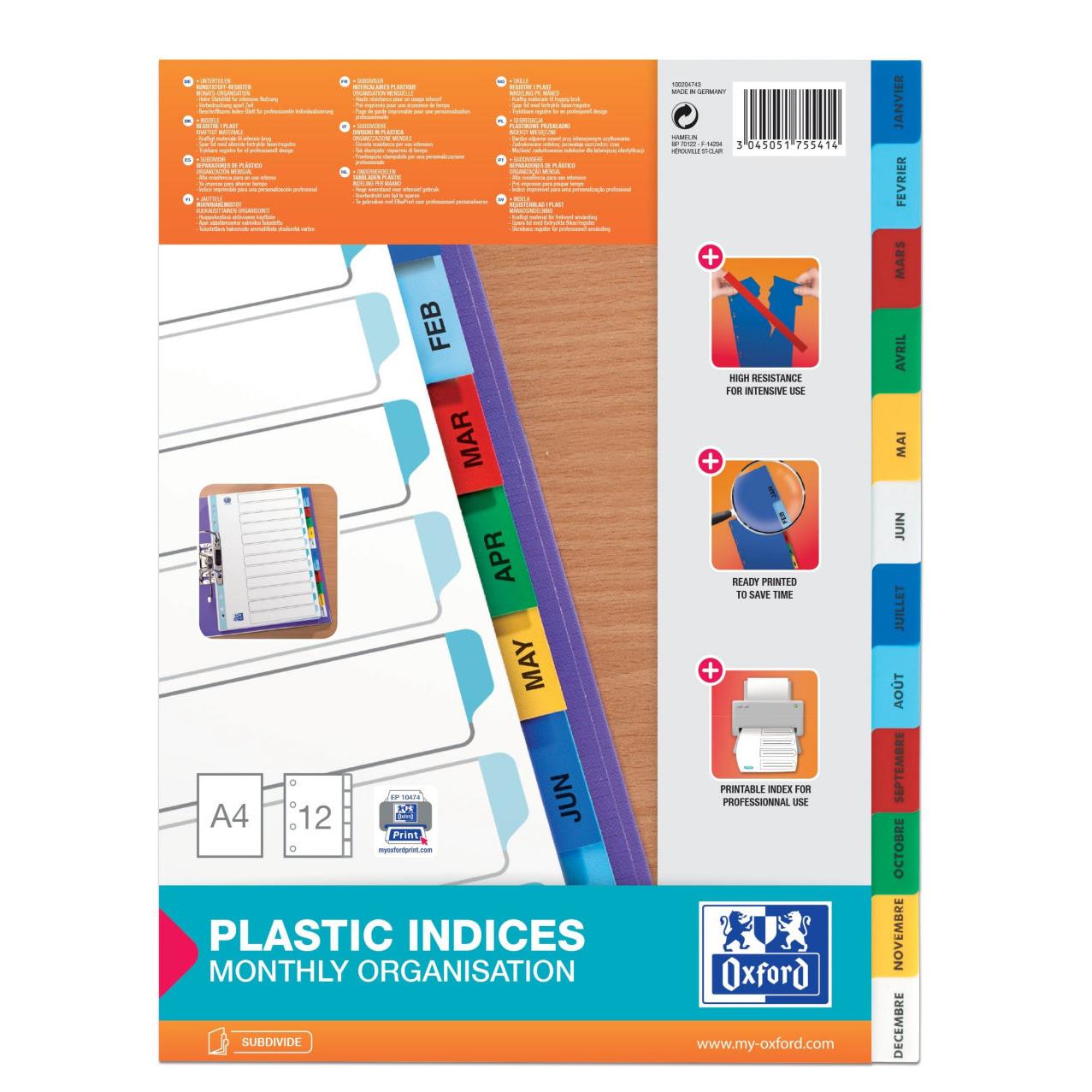 Intercalaires numriques mensuels Elba - polypropylne - A4 - 12 positions - coloris assortis