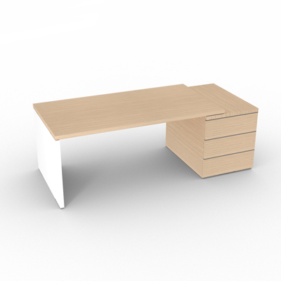 Bureau de direction Kyos sur caisson porteur - 210 x 90 cm chne blanc - pieds panneaux blanc neige