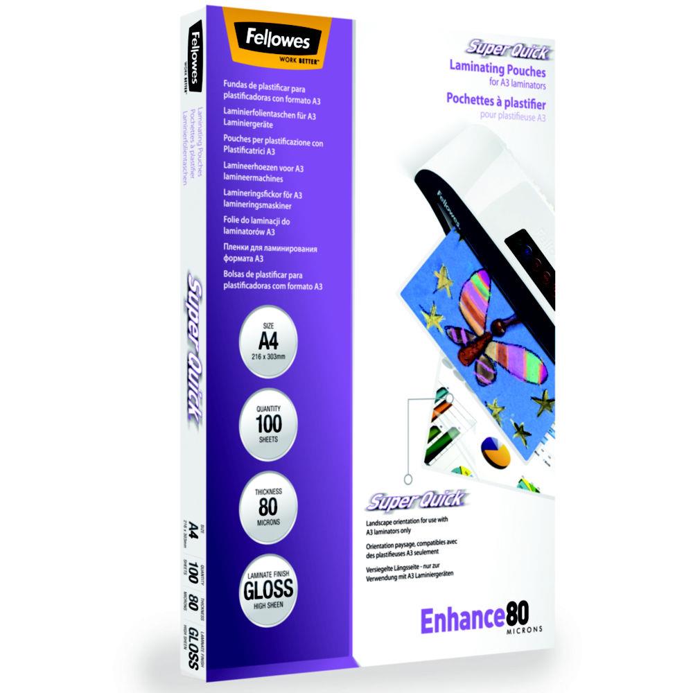Pochettes de plastification Fellowes SuperQuick - A4- 80 microns - bote de 100