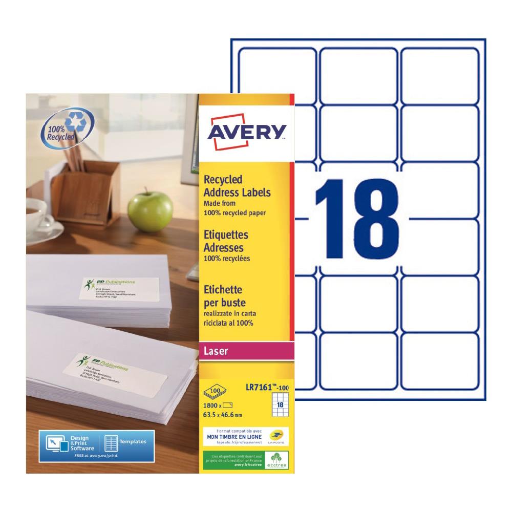 tiquettes adresses recycles LR7161 Avery - pour imprimante laser - 63,5 x 46,6 mm - blanc - 1800 tiquettes par bote