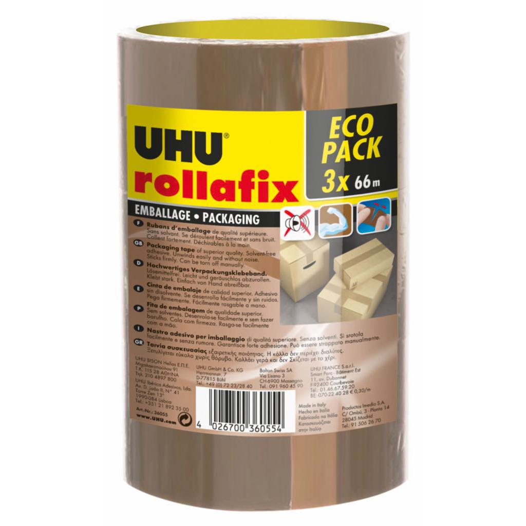 Ruban adhsif d'emballage UHU Rollafix - en polypropylne silencieux 46 microns 50 mm x 66 m - Havane  - lot de 3