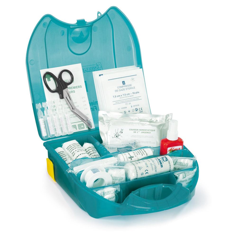 Trousse de secours avec support mural- Conforme  la mdecine du travail - Bleu