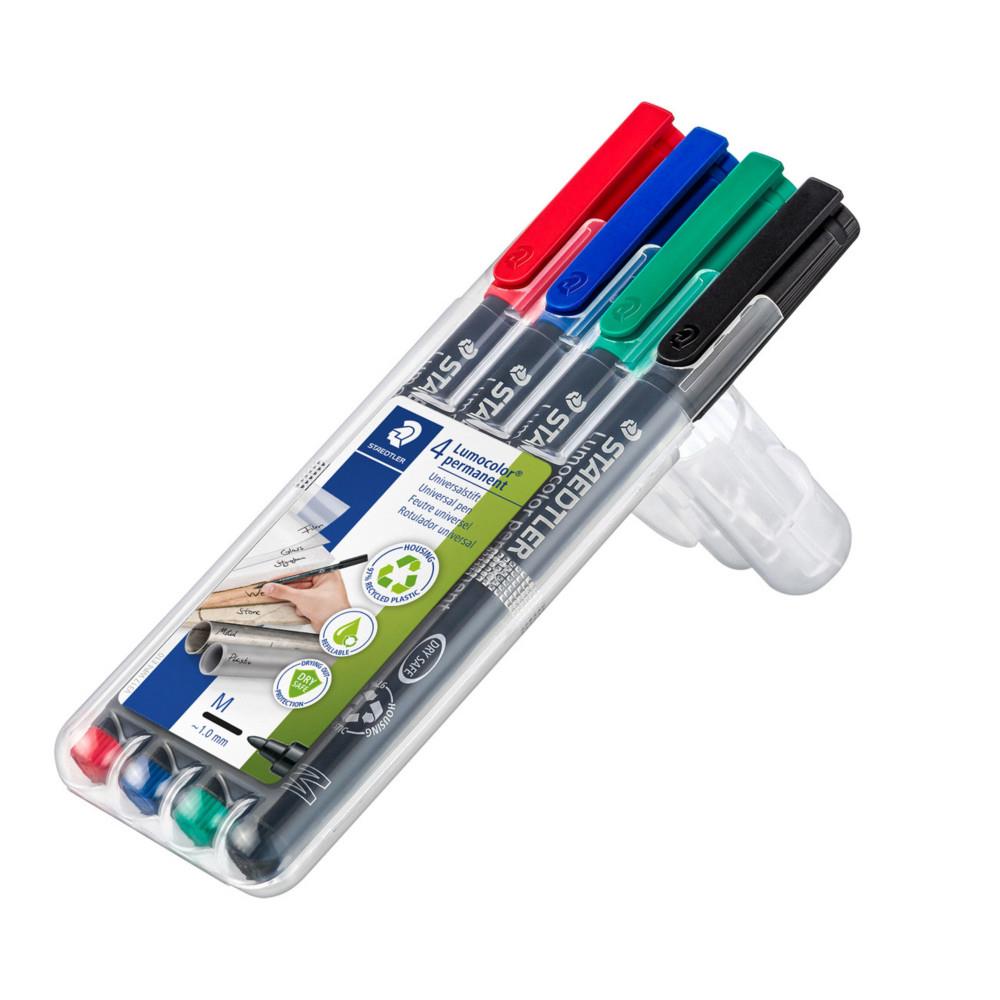 Marqueur permanent Staedtler Lumocolor 317 pointe moyenne 1 mm plastique recycl  97% - Etui de 4 assortis