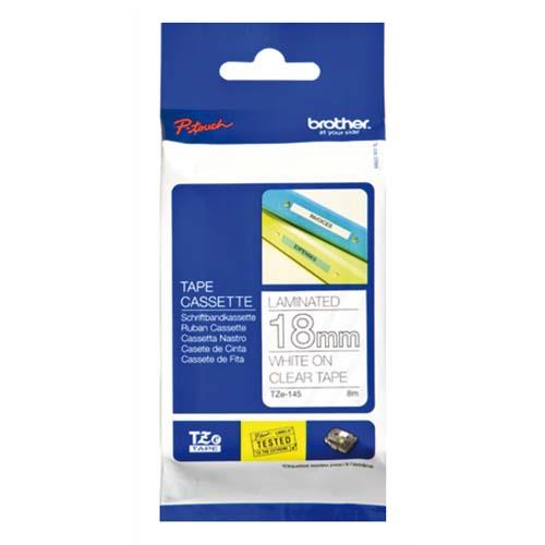 Ruban lamin Brother TZe145 - blanc sur transparent - 18 mm x 8 m