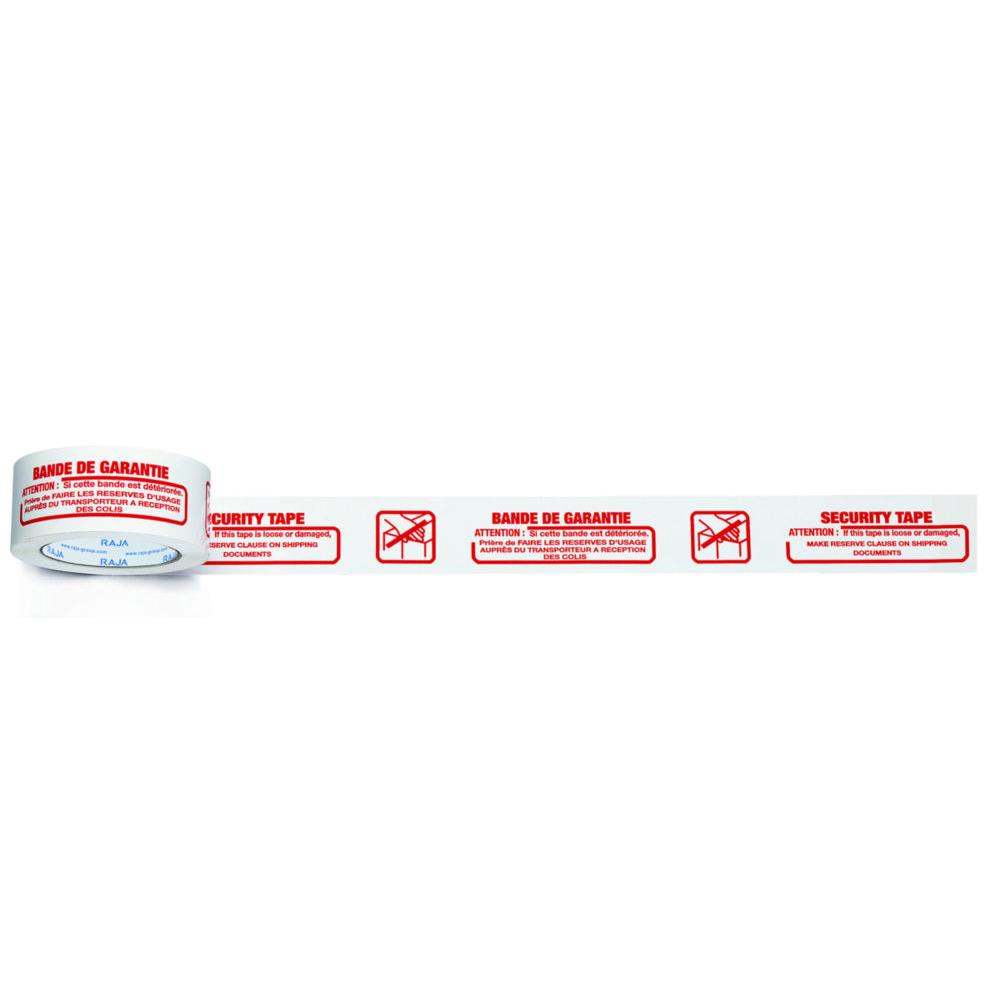 Ruban d'emballage RAJA imprim ''Bande de Garantie'' en polypropylne 28 microns 50 mm x 100 m - Blanc texte rouge  - lot de 6