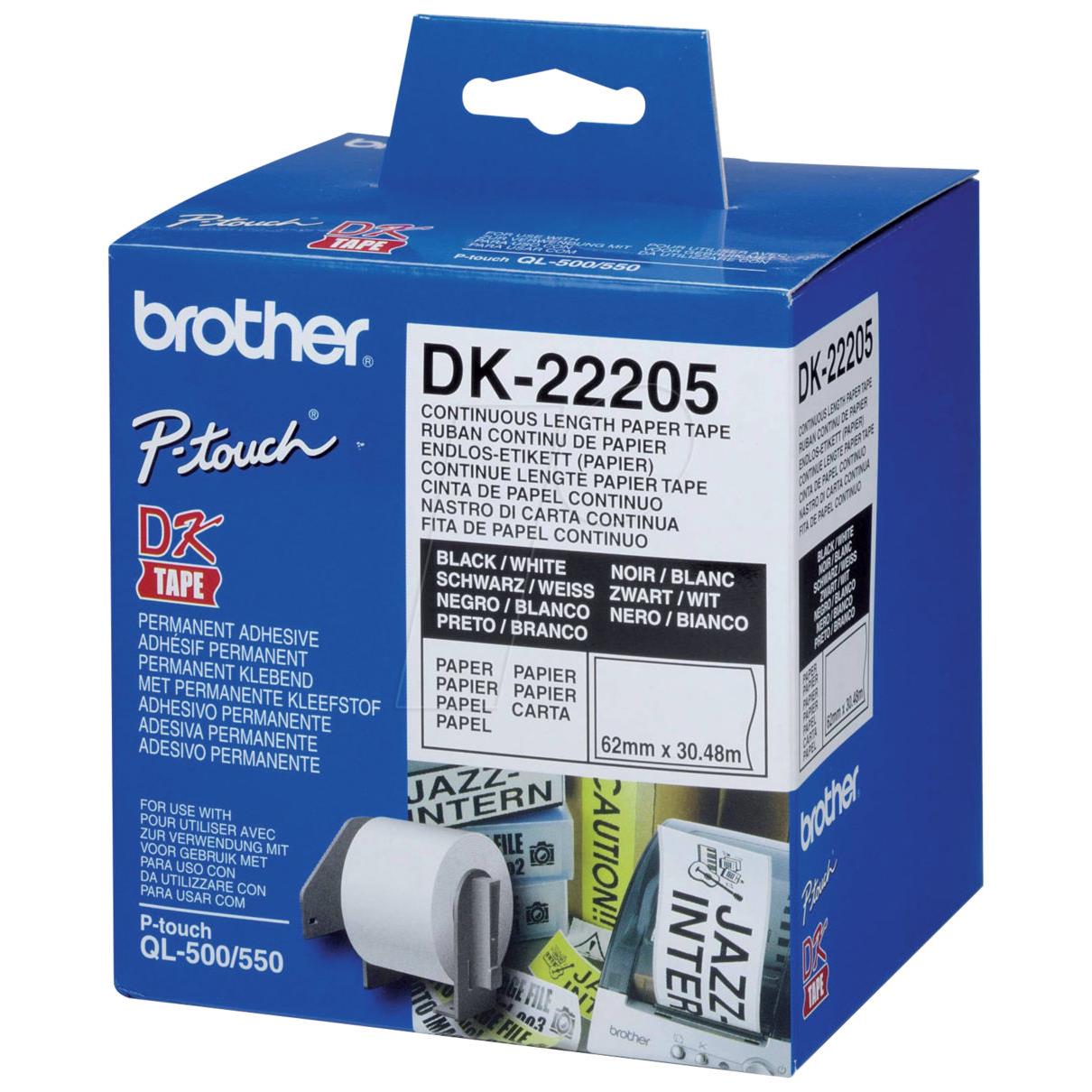Rouleaux d'tiquettes Brother DK-22205 - noir/blanc - 62 mm x 30 m