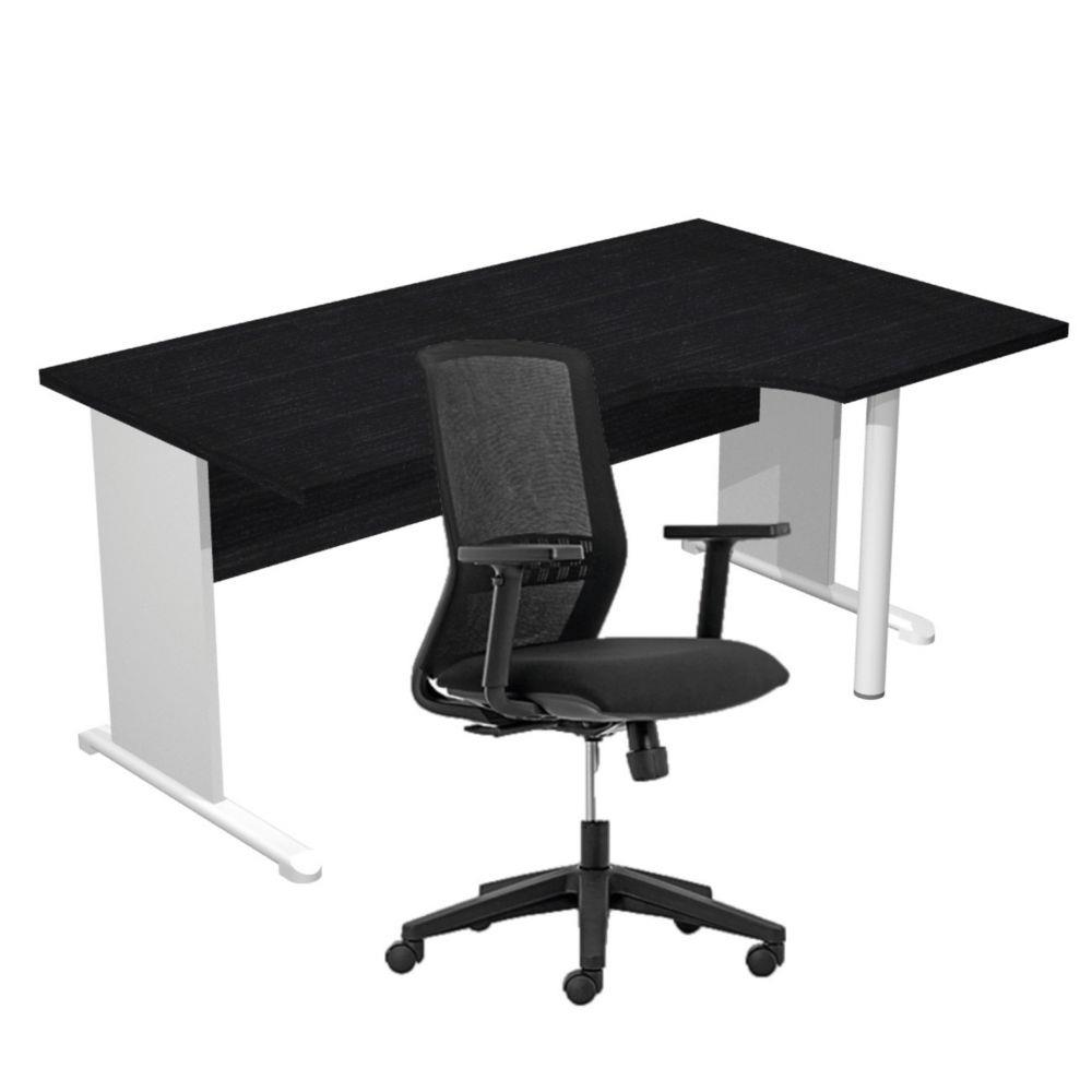 Pack Bureau d'angle compact � droite Pulse Bois - L160 x P100 cm Noir - Pieds L Aluminium + fauteuil Tekna Noir