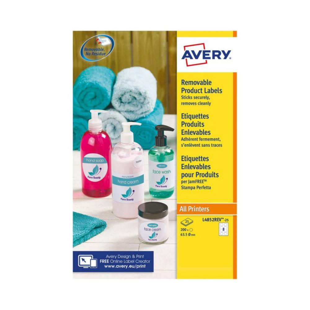 tiquettes multi-usages L4852REV Avery - enlevables - rondes - D.63,5 mm - blanc - 200 tiquettes par bote