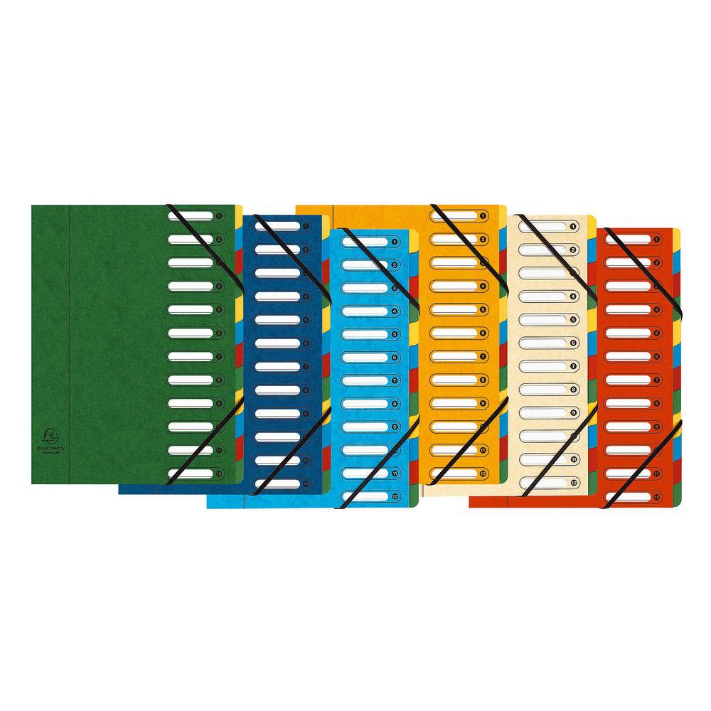 Trieur  lastique Exacompta Nature Future Harmonika Multipart A4 avec dos extensible  soufflets et fentres prdcoupes - 600 feuilles - 12 compartiments - 240 x 320 mm - carte lustre - couleurs assorties
