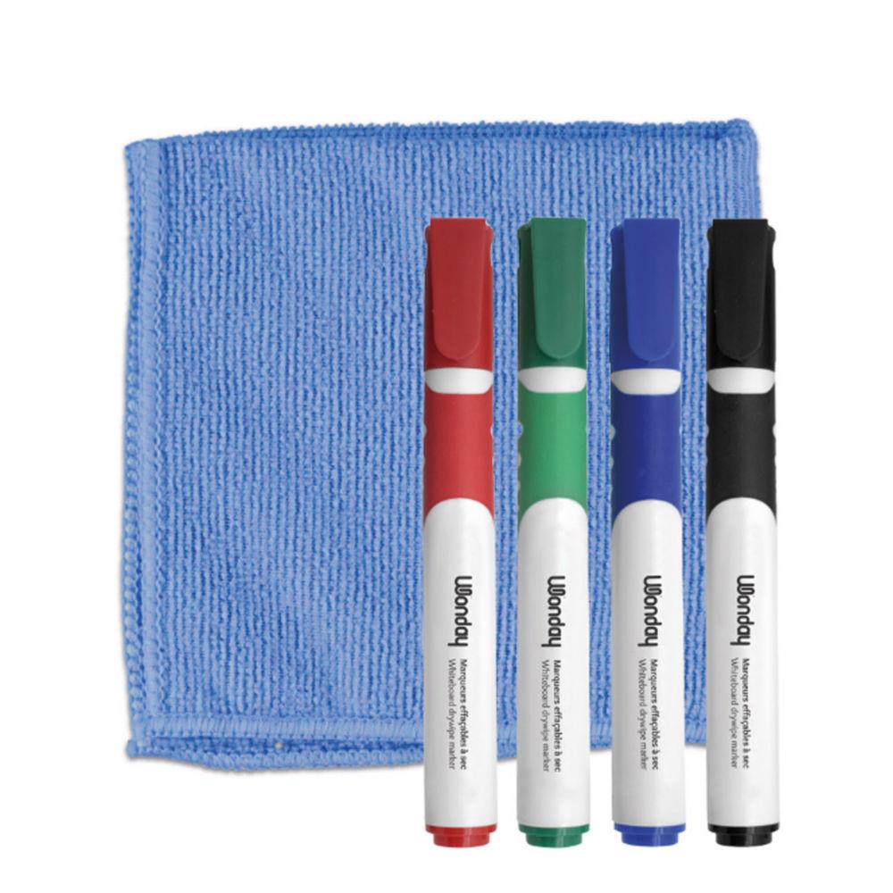 Kit tableau blanc chiffonnette microfibres Wonday + 4 marqueurs coloris assortis