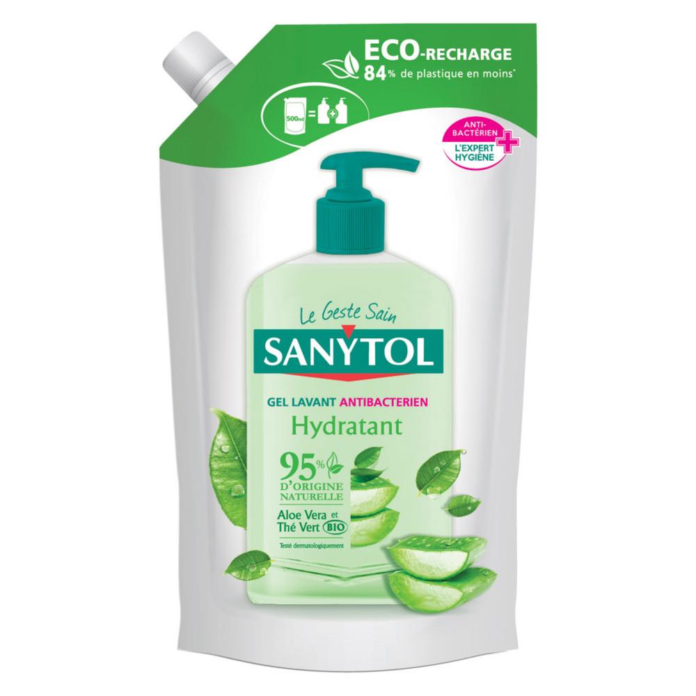 Gel lavant Sanytol antibact�rien � l'Alo� Vera et au Th� Vert - Naturel Bio et hydratant - Gourde Eco-recharge 500 ml