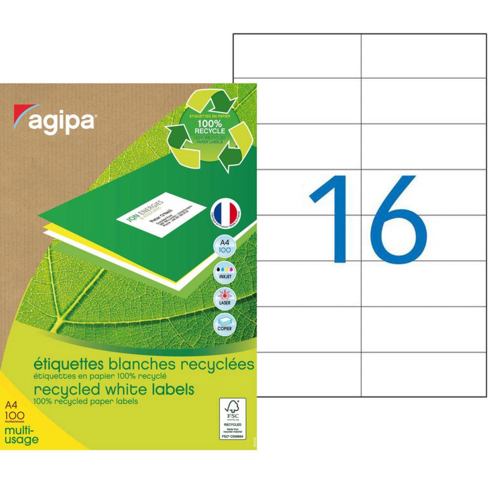 Etiquettes adresses recycles blanches Apli - 105 x 37 mm - 100 feuilles A4 - 1600 tiquettes par bote