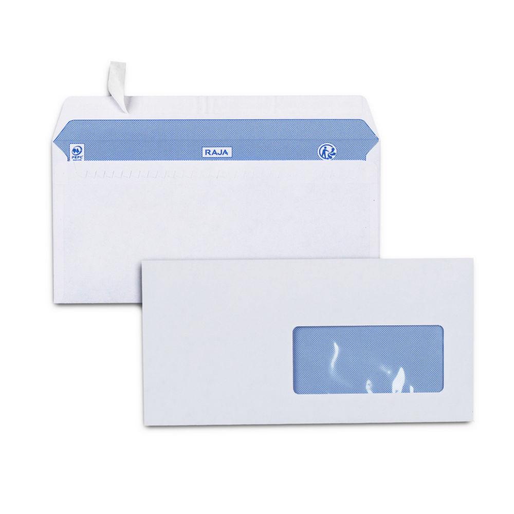 Enveloppe blanche RAJA Premium format DL 110 x 220 mm 90g avec fentre 45 x 100 mm- bande autoadhsive