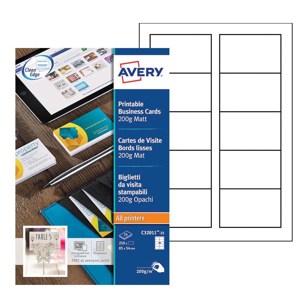 Cartes de visite blanches  bords lisses Avery - 85 x 54 mm - Impression laser - jet d'encre - copieur - paquet 250 units