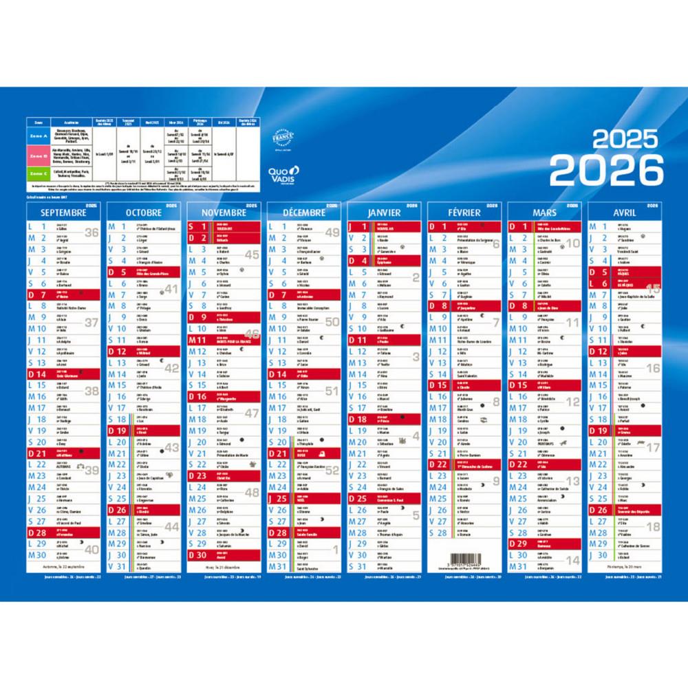 Calendrier mural annuel Quo Vadis Rentre des classes - grille 16 mois - 55 x 40,5 cm