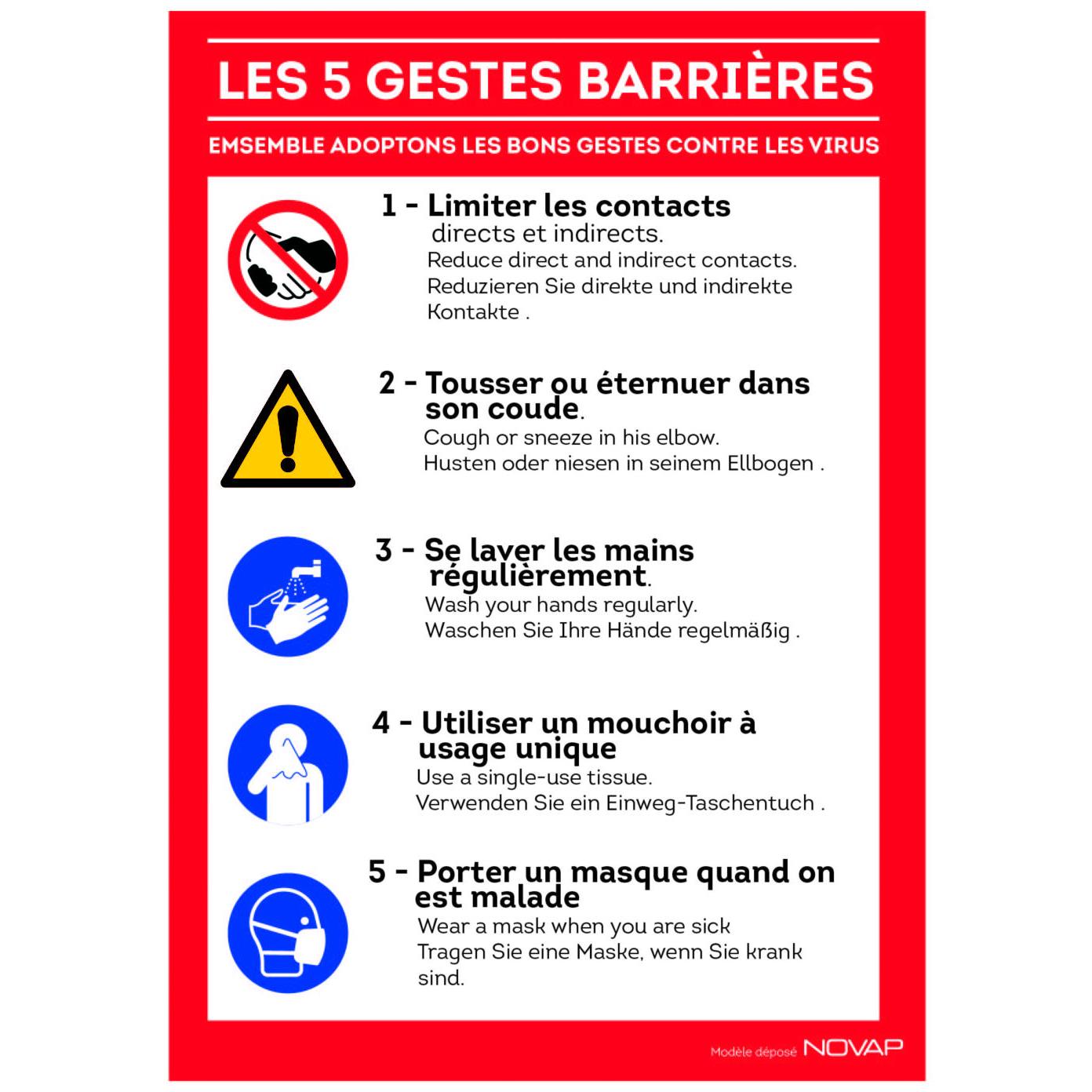 Panneau signalisation A4 vinyle adhsif Les 5 gestes barrires en 3 langues- 210 x 297 mm