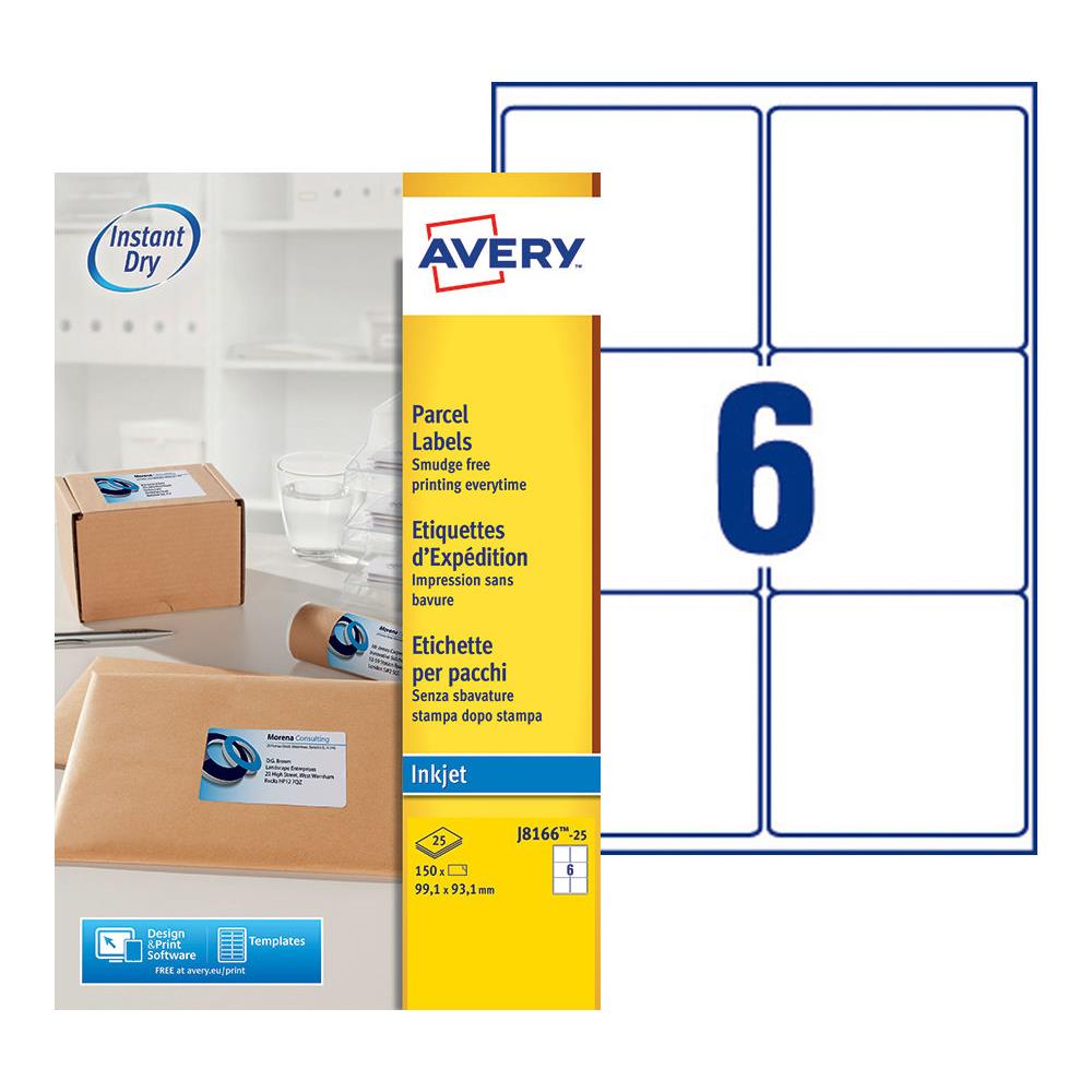 Etiquettes jet d'encre Avery J8166 - 25 planches - 99,1 x 93,1 mm - blanc - bote de 150