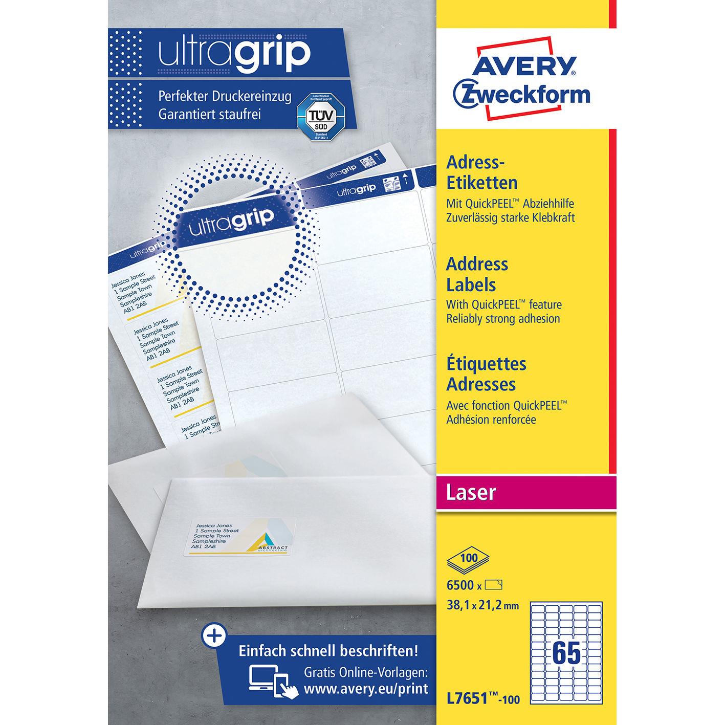 Mini tiquettes d'adresses Avery L7651 - impression laser - 38,1 x 21,2 mm - blanc - 6500 tiquettes