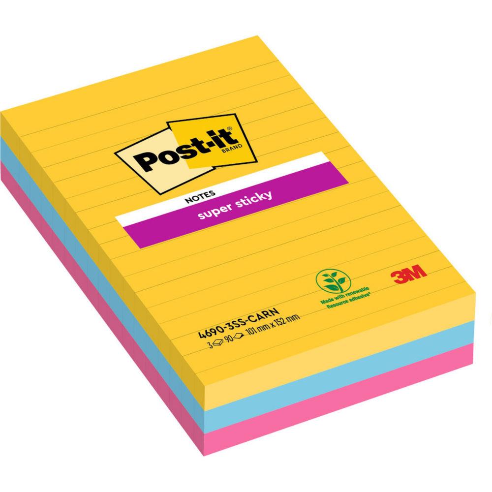 Notes Post-it Super Sticky lignes - grand format 10,2 x 15,2 cm - coloris Rio assortis - lot de 3 blocs de 90 feuilles