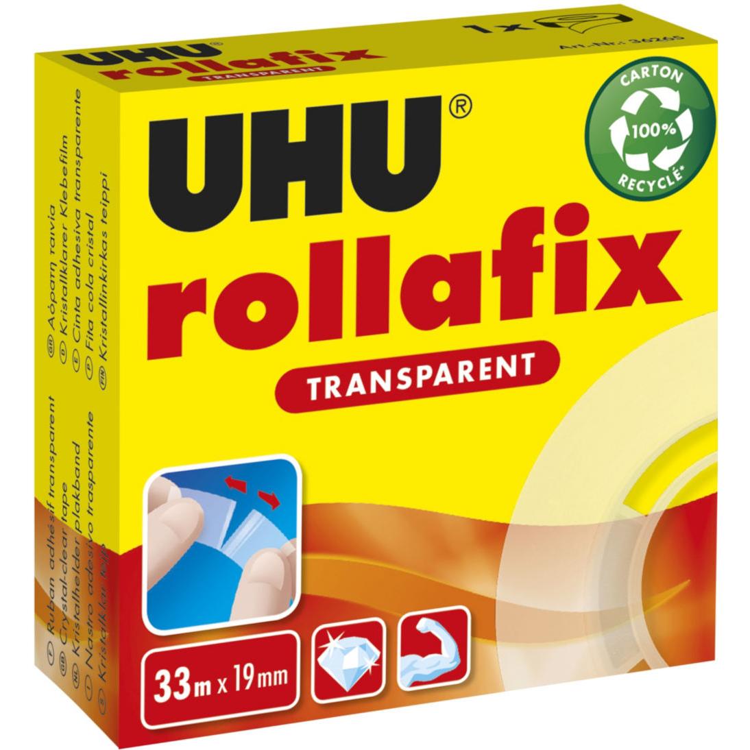 Ruban adhsif transparent Uhu Rollafix largeur 19 mm x longueur 33 m - rouleau 33 mtres