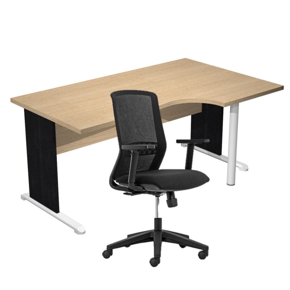Pack Bureau d'angle compact � droite Pulse Bois - L160 x P100 cm Ch�ne - Pieds L Noir + fauteuil Tekna Noir
