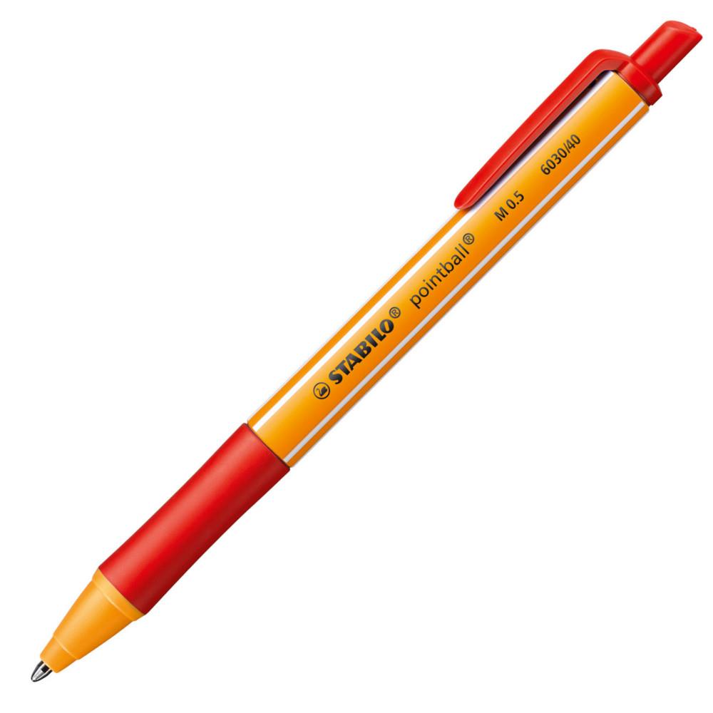 Stylo bille rtractable Pointball Stabilo - avec zone de prhension - pointe moyenne - corps en plastique rouge/jaune - encre rouge
