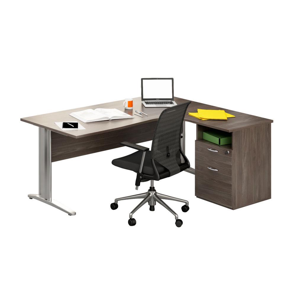 Pack Pulse Prestige - 1 bureau compact retour � droite - cendre - pieds chromes - 1 caisson hauteur bureau prof. 60 cm