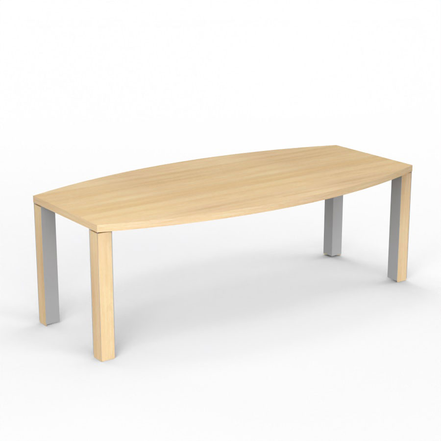 Table de runion Kara tonneau L. 220 x P. 110 cm mlamine chne clair - 4 pieds carrs mtal lisse gris aluminium 2 faces bois mlamine chne clair