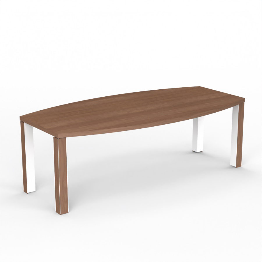 Table de runion Kara tonneau L. 220 x P. 110 cm mlamine noyer ambr - 4 pieds carrs mtal lisse blanc 2 faces bois mlamine noyer ambr