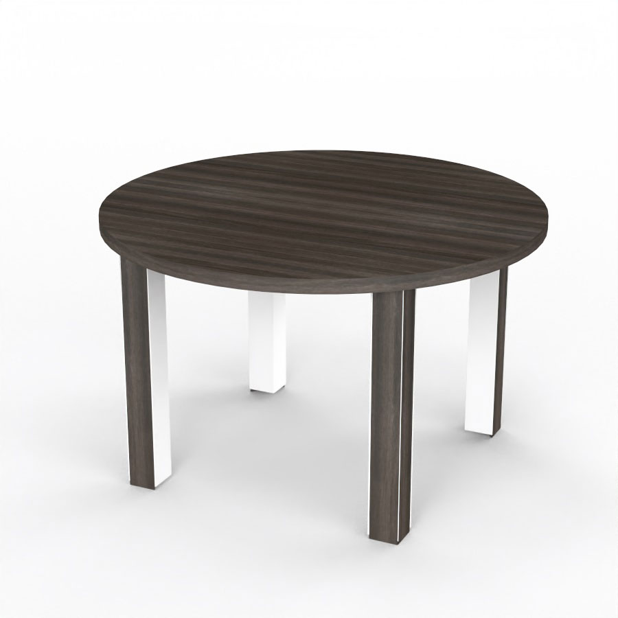 Table de runion Kara ronde D. 120 cm mlamine chne royal brun - 4 pieds carrs mtal lisse blanc 2 faces bois mlamine chne royal brun