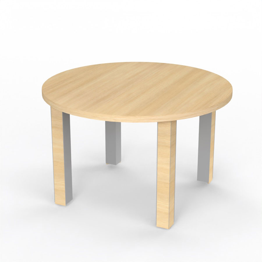 Table de runion Kara ronde D. 120 cm mlamine chne clair - 4 pieds carrs mtal lisse blanc 2 faces bois mlamine chne clair
