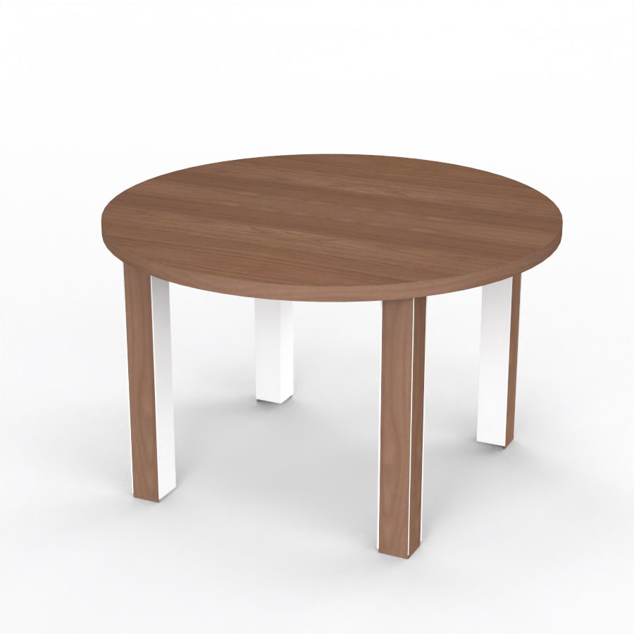 Table de runion Kara ronde D. 120 cm mlamine noyer ambr - 4 pieds carrs mtal lisse blanc 2 faces bois mlamine noyer ambr
