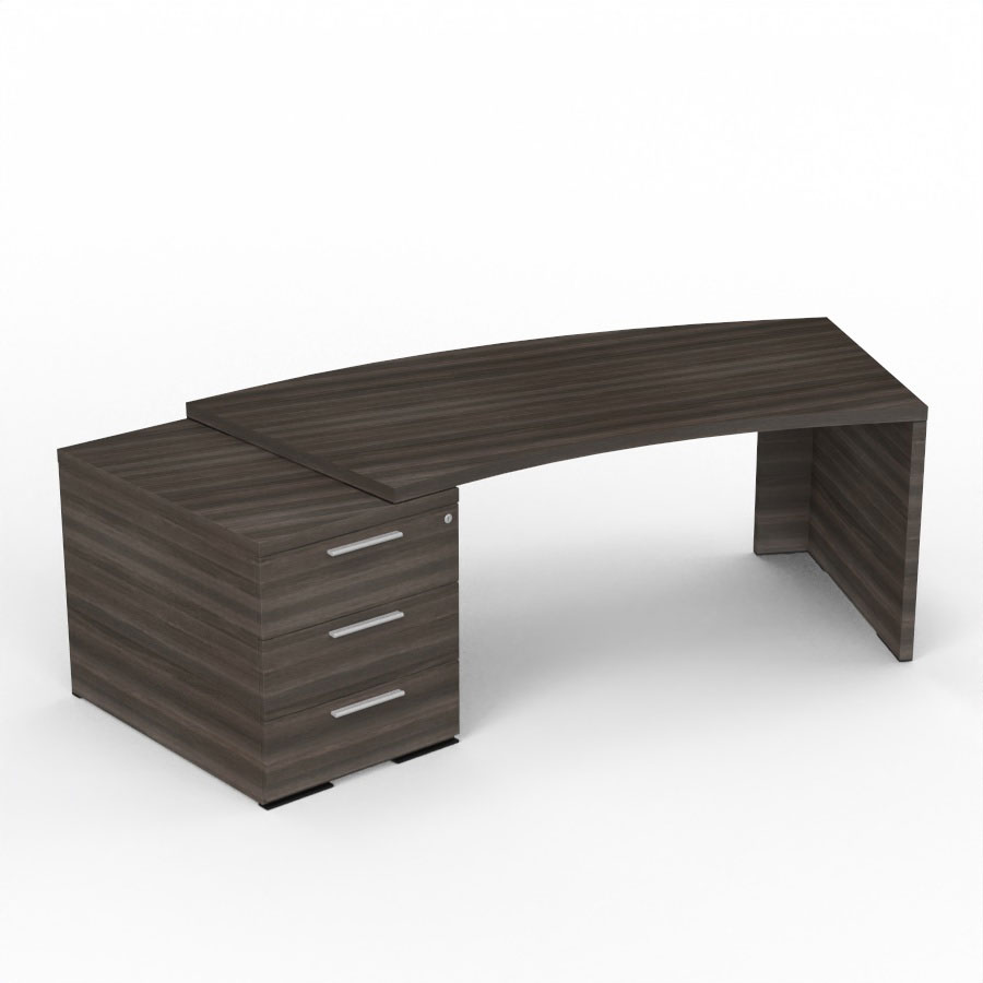 Bureau Kara courbe L. 238 x P. 90 cm mlamine chne royal brun avec voile de fond mlamine chne royal brun sur 1 caisson porteur 3 tiroirs - 1 pied panneau mlamine chne royal brun